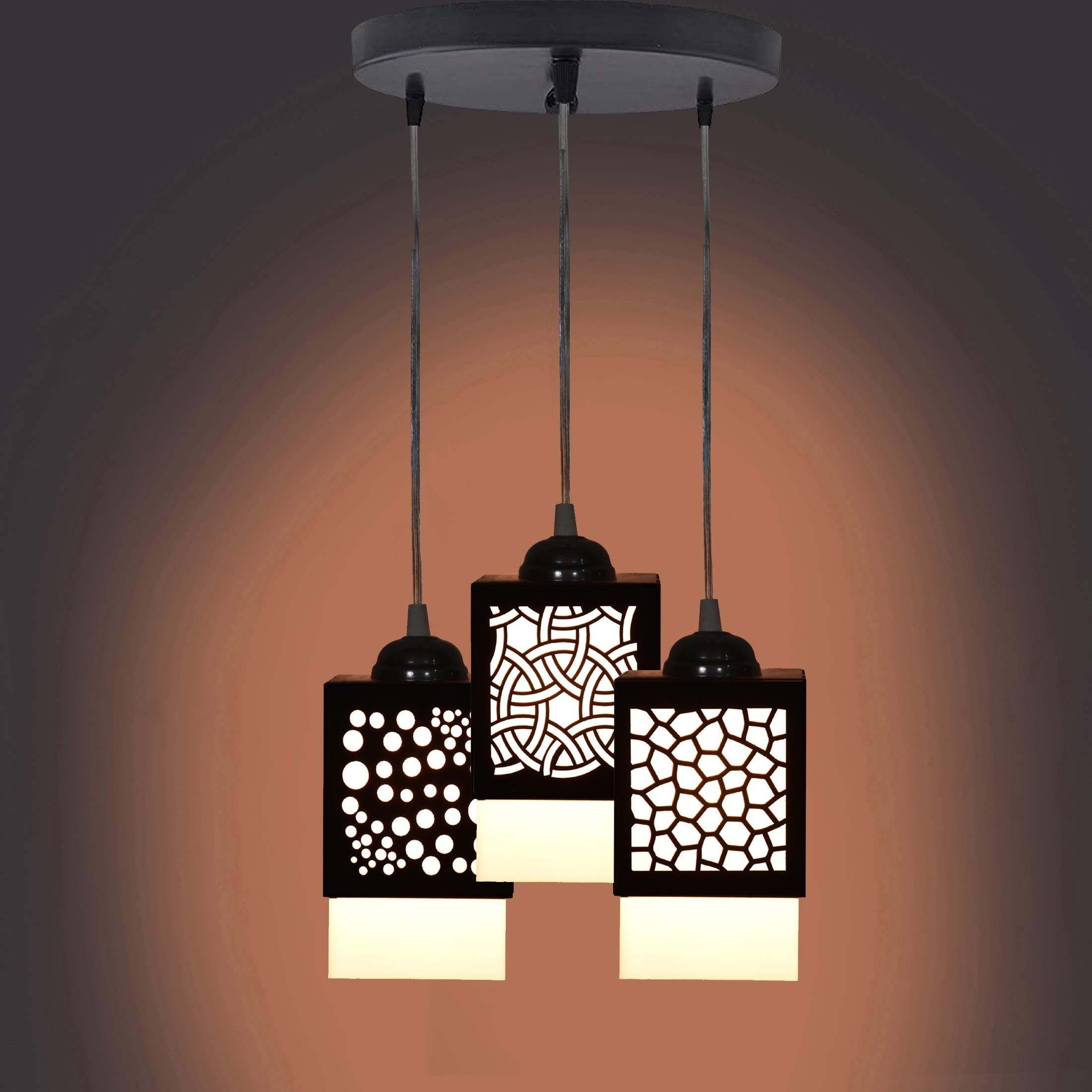 Gojeeva Black & White Textured Wooden Square Shaped Ceiling Lamp