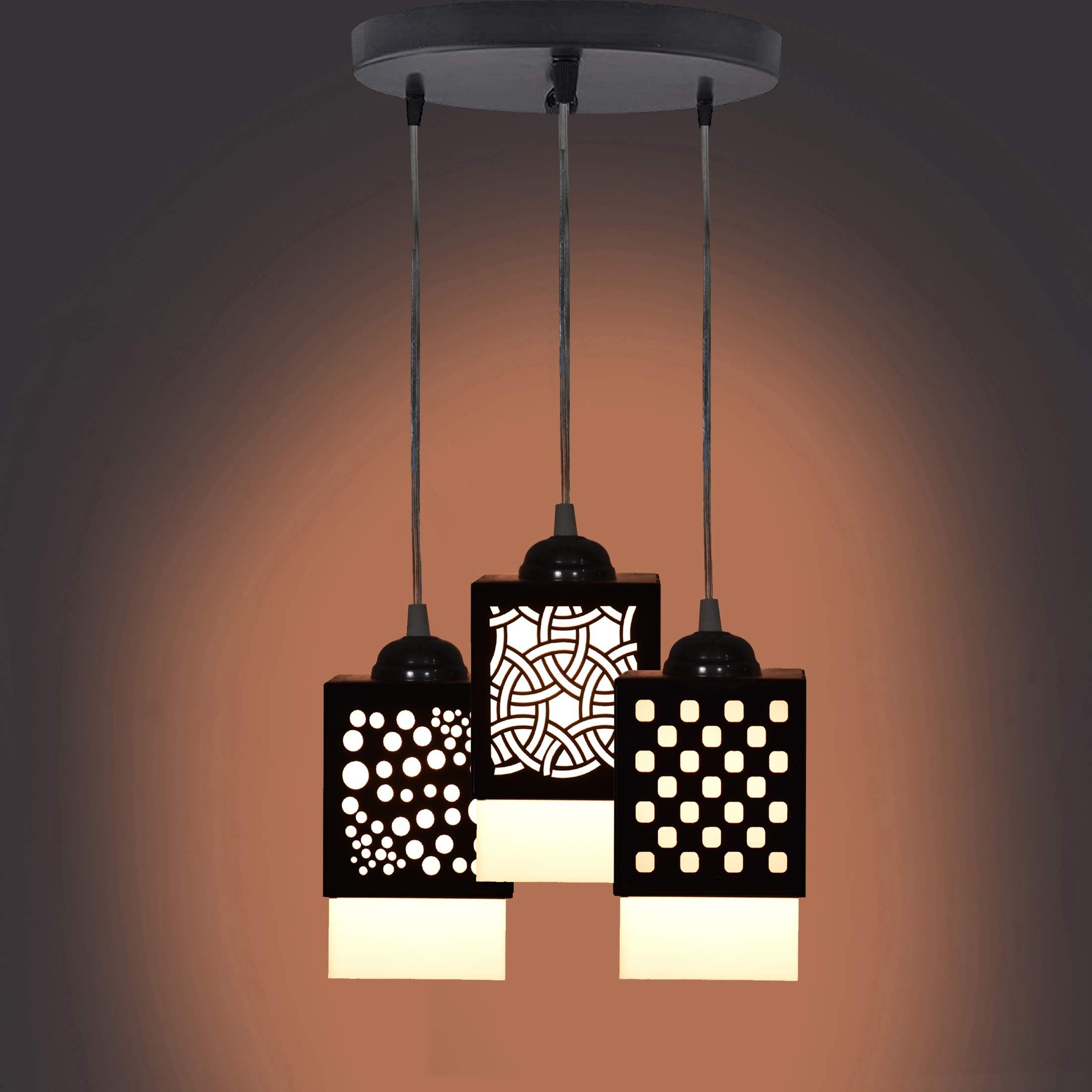 Gojeeva Black & White Textured Wooden Square Shaped Ceiling Lamp