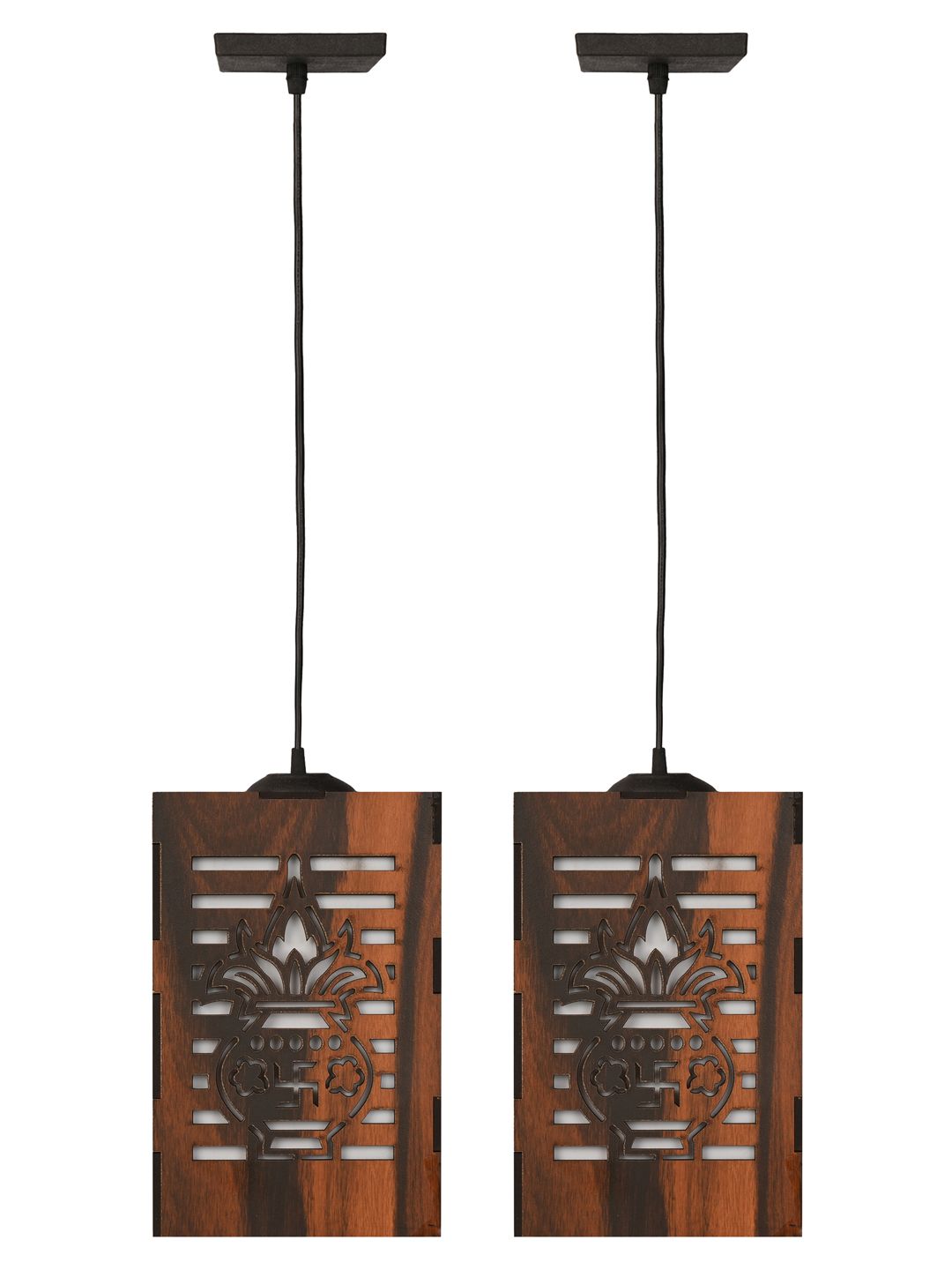 Gojeeva Brown and White 2 Pcs Kalash Wooden 10 Watts Rectangular Traditional Ceiling Lamps