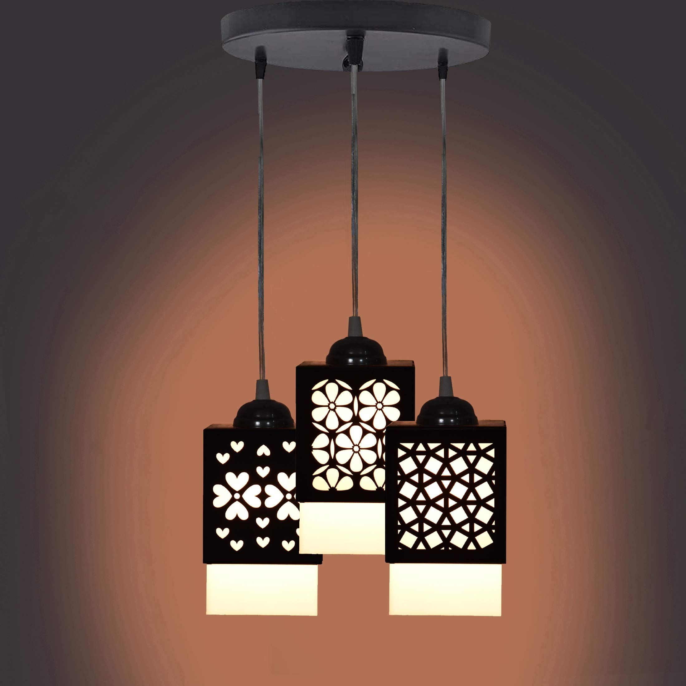 Gojeeva Black & White Textured Wooden Square Shaped Ceiling Lamp