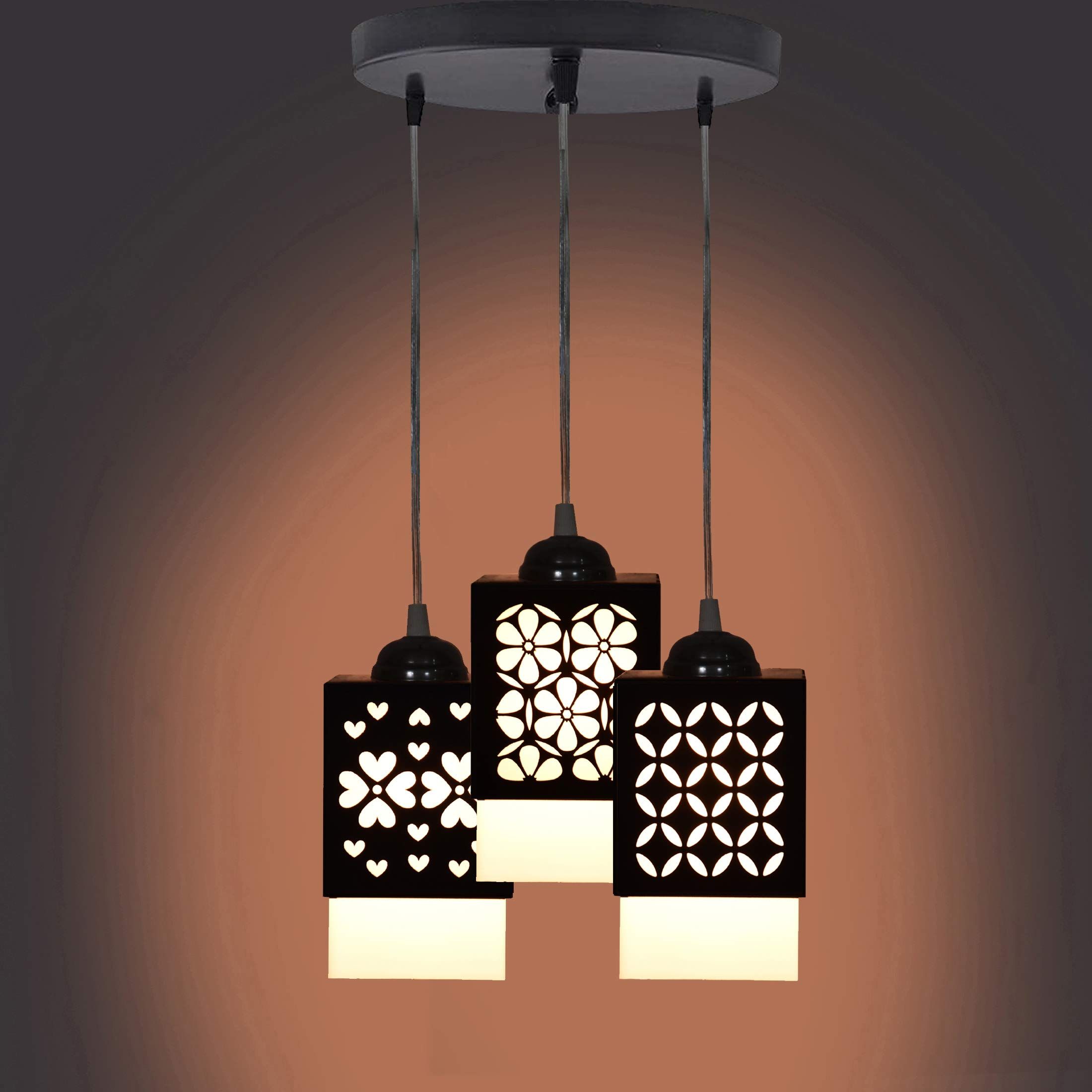 Gojeeva Black & White Textured Wooden Square Shaped Ceiling Lamp