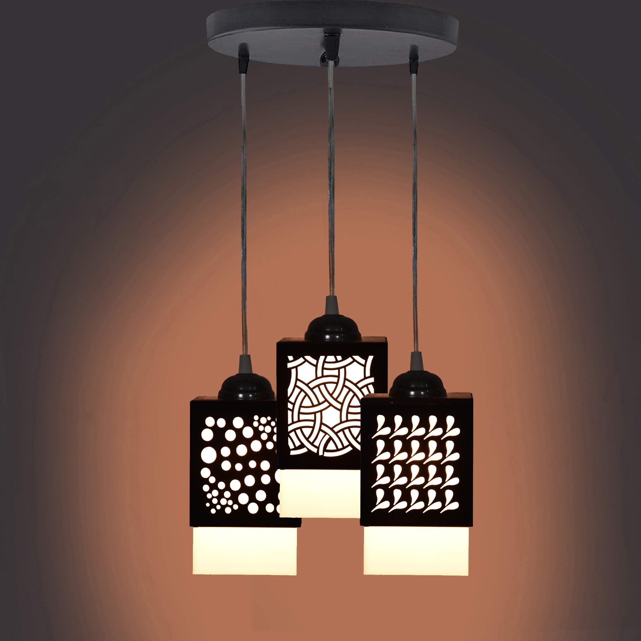 Gojeeva Black & White 3 Pieces Textured Square Shaped Wooden Ceiling Wall Lamps