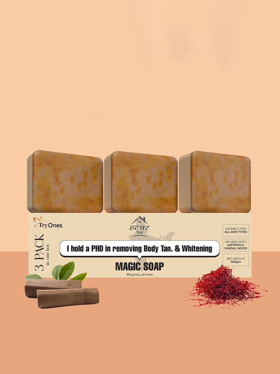 TRYONES Set Of 3 HarGhar Soap With Sandalwood & Saffron - 100 g Each