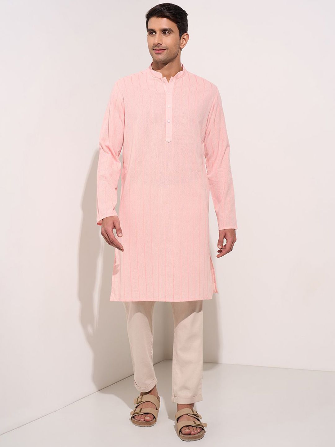iindus route by Pantaloons Striped Printed Mandarin Collar Straight Kurta