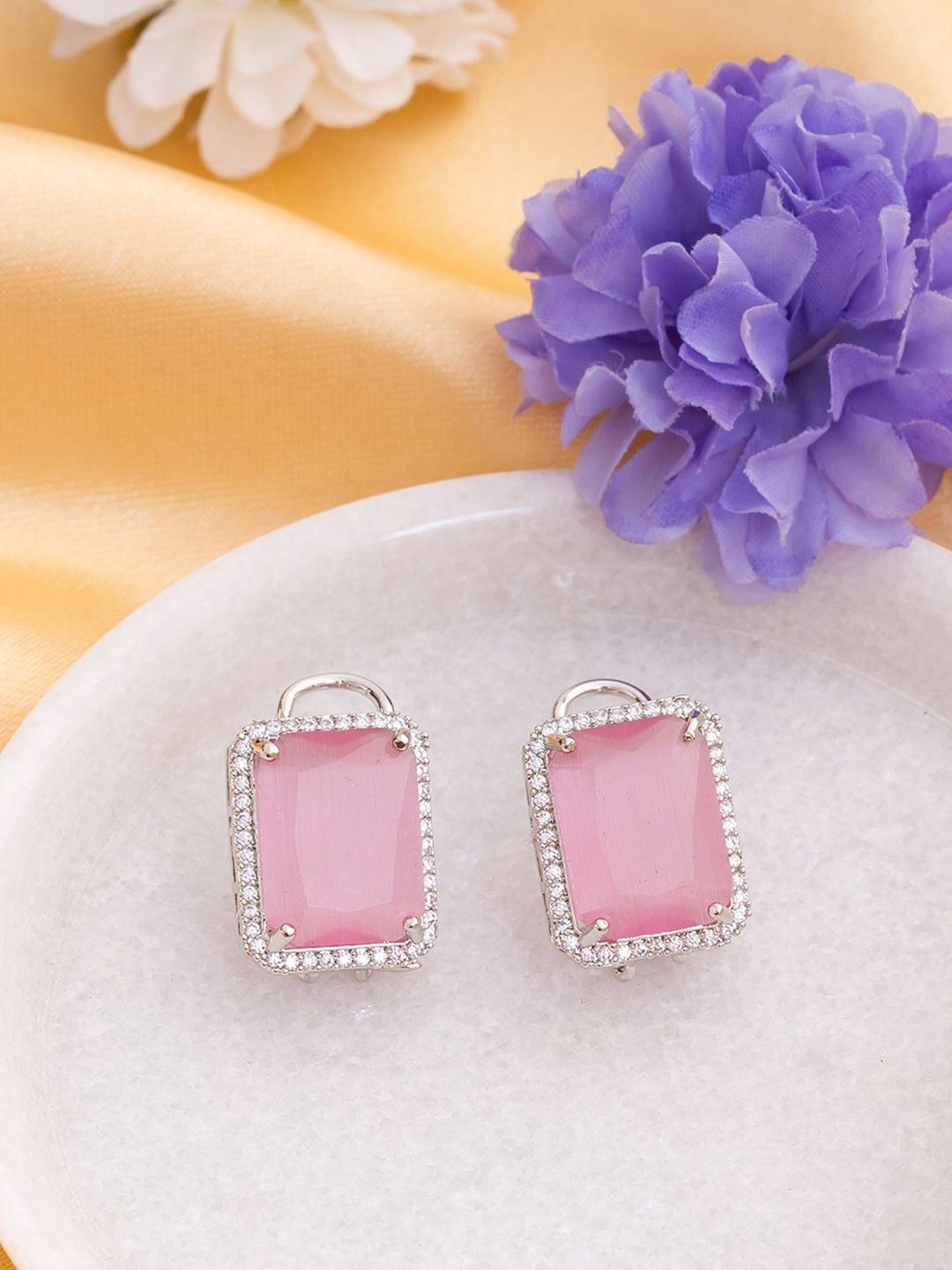 Manikya Rhodium-Plated American Diamond Studded Square Shaped Studs