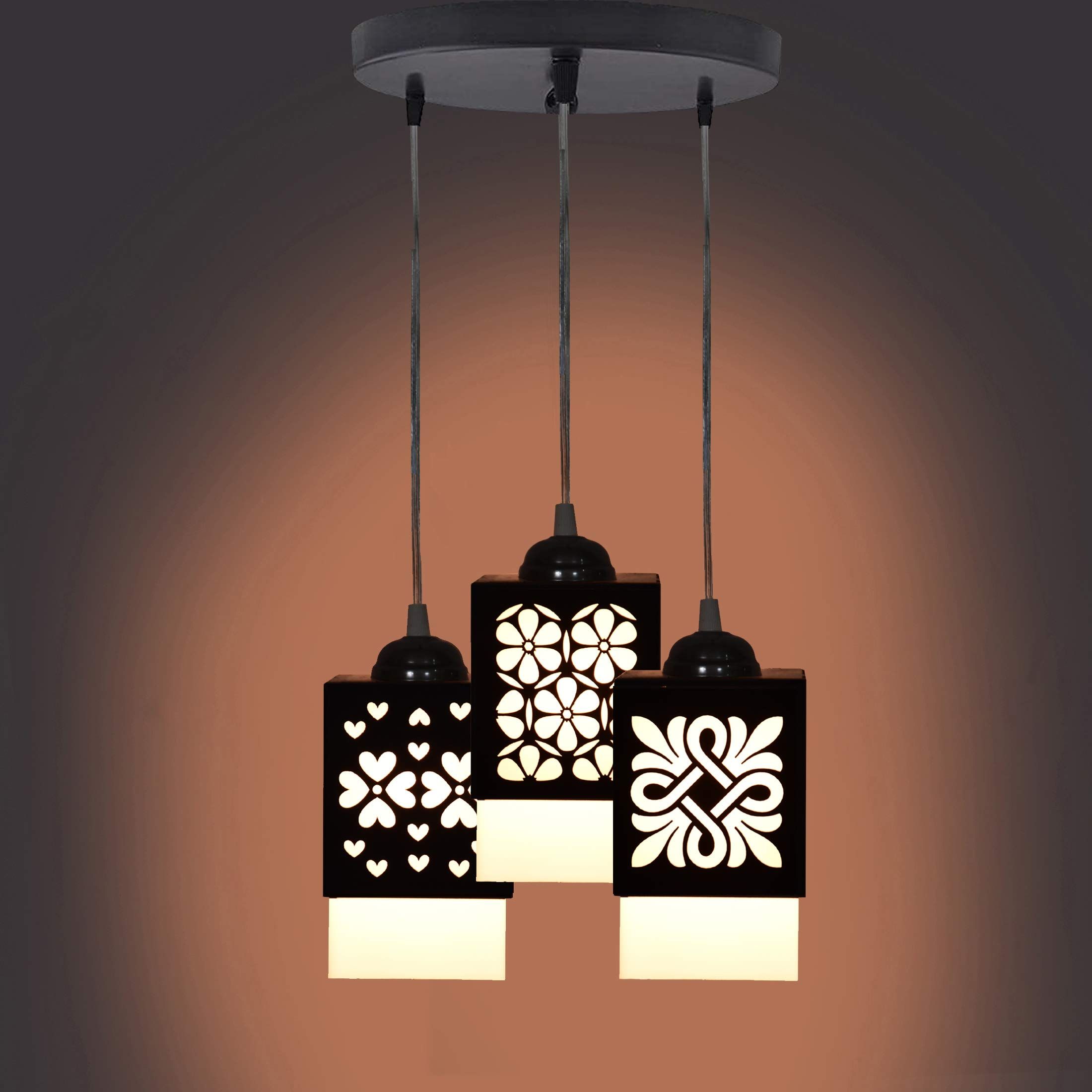 Gojeeva Black & White Textured Wooden Square Shaped Ceiling Lamp