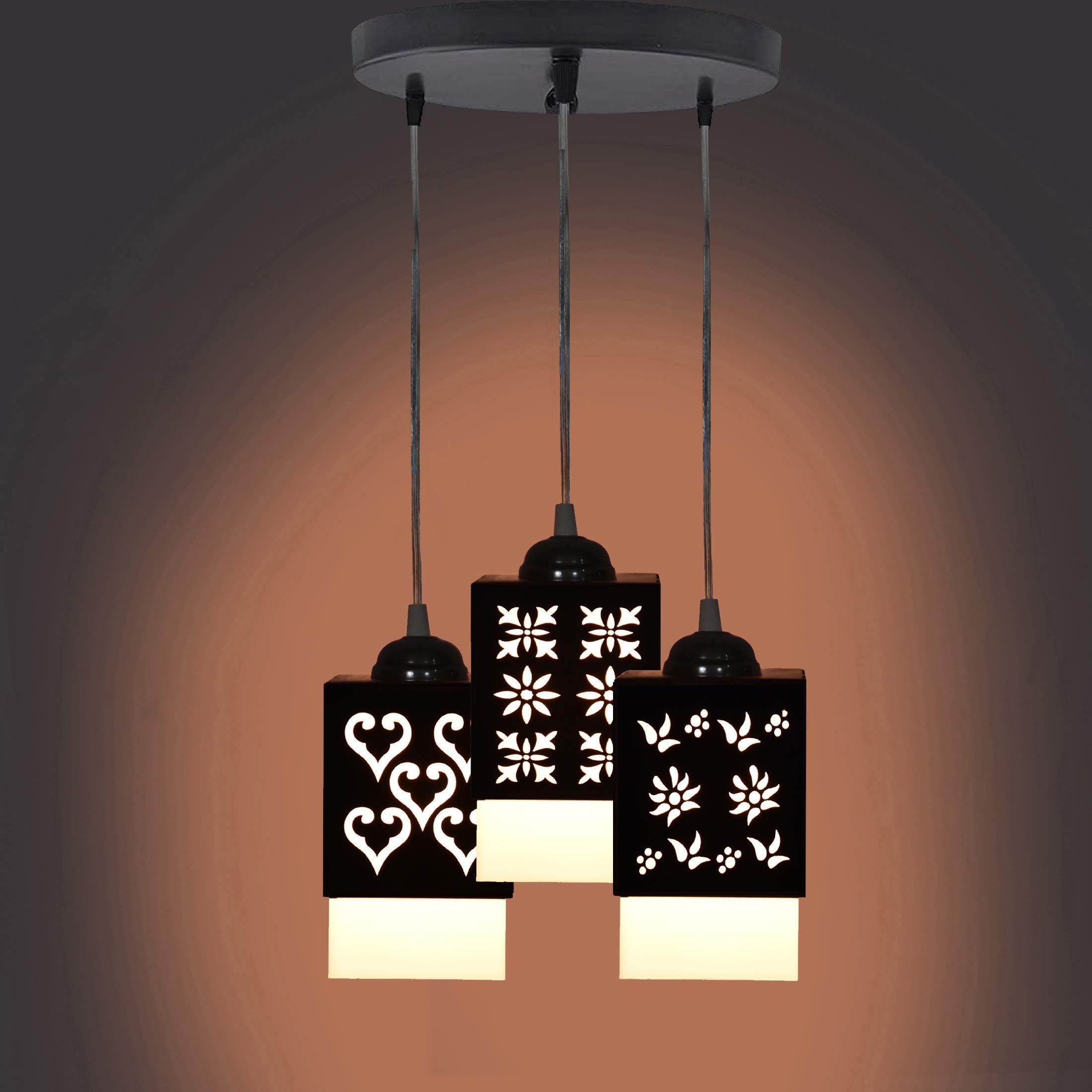 Gojeeva Black & White Textured Wooden Square Shaped Ceiling Lamp