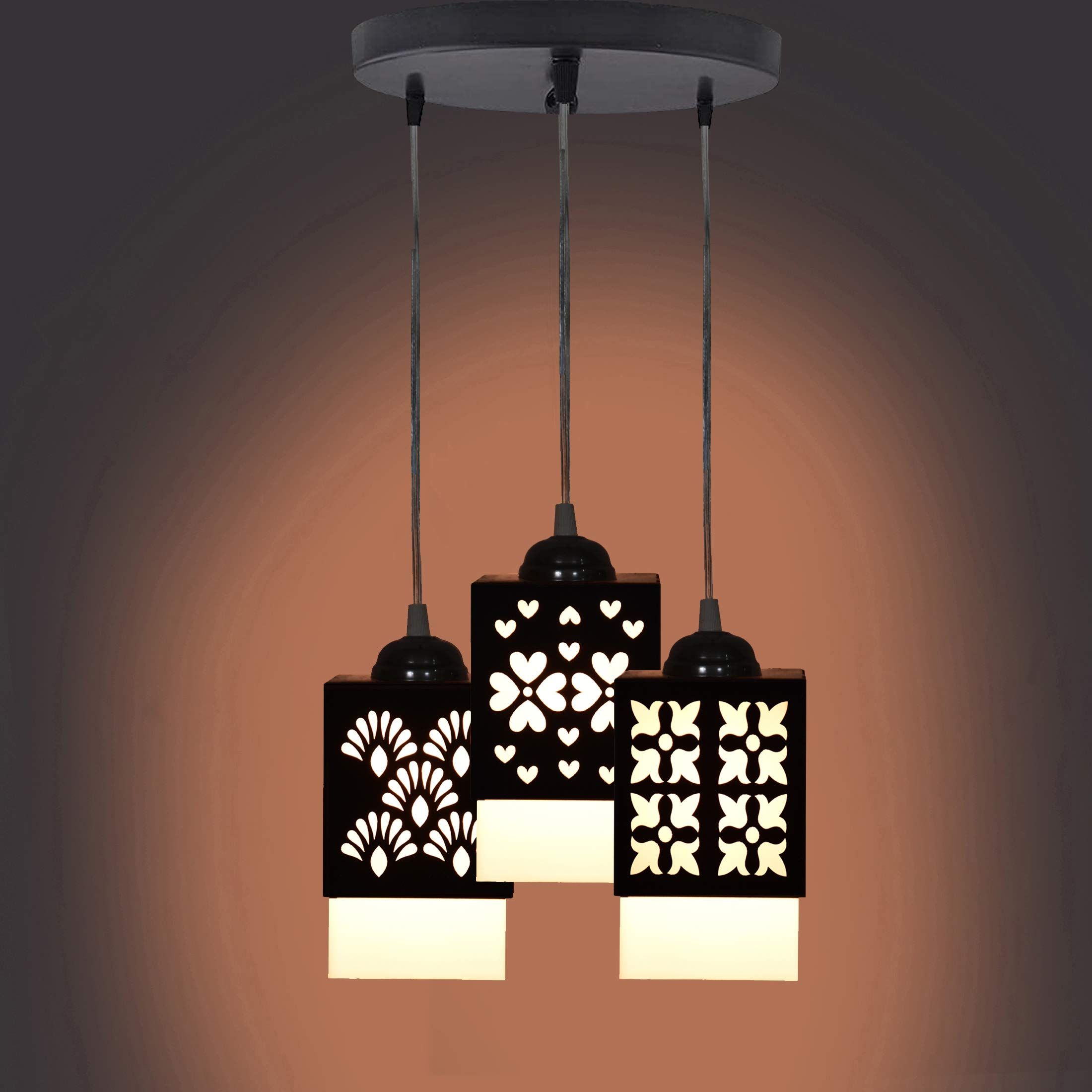 Gojeeva Black & White Textured Wooden Square Shaped Ceiling Lamp
