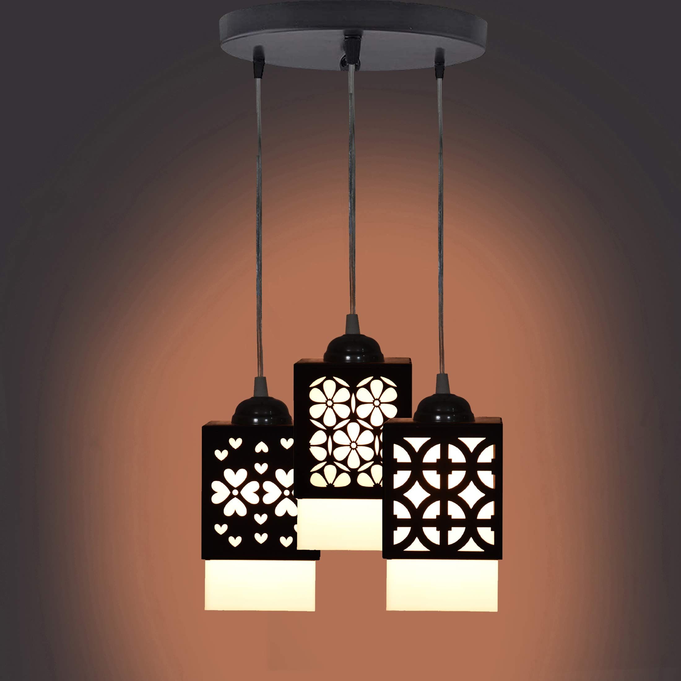 Gojeeva Black & White Textured Wooden Square Shaped Ceiling Lamp