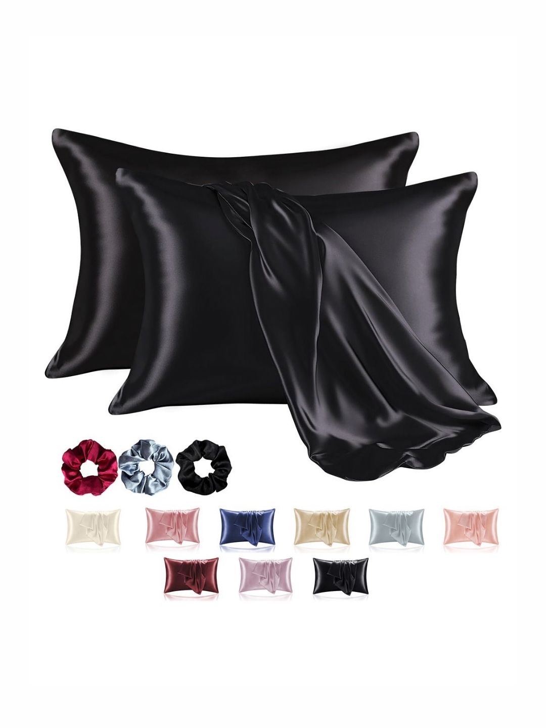 Aura Aura Black 2 Pieces Satin Rectangle Pillow Covers with 3 Scrunchies