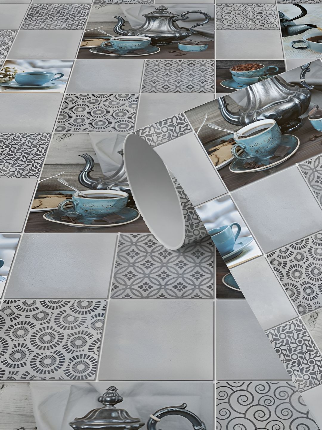 WallDaddy WallDaddy Grey & Blue Kitchen Ketli Printed Self Adhesive Wallpaper