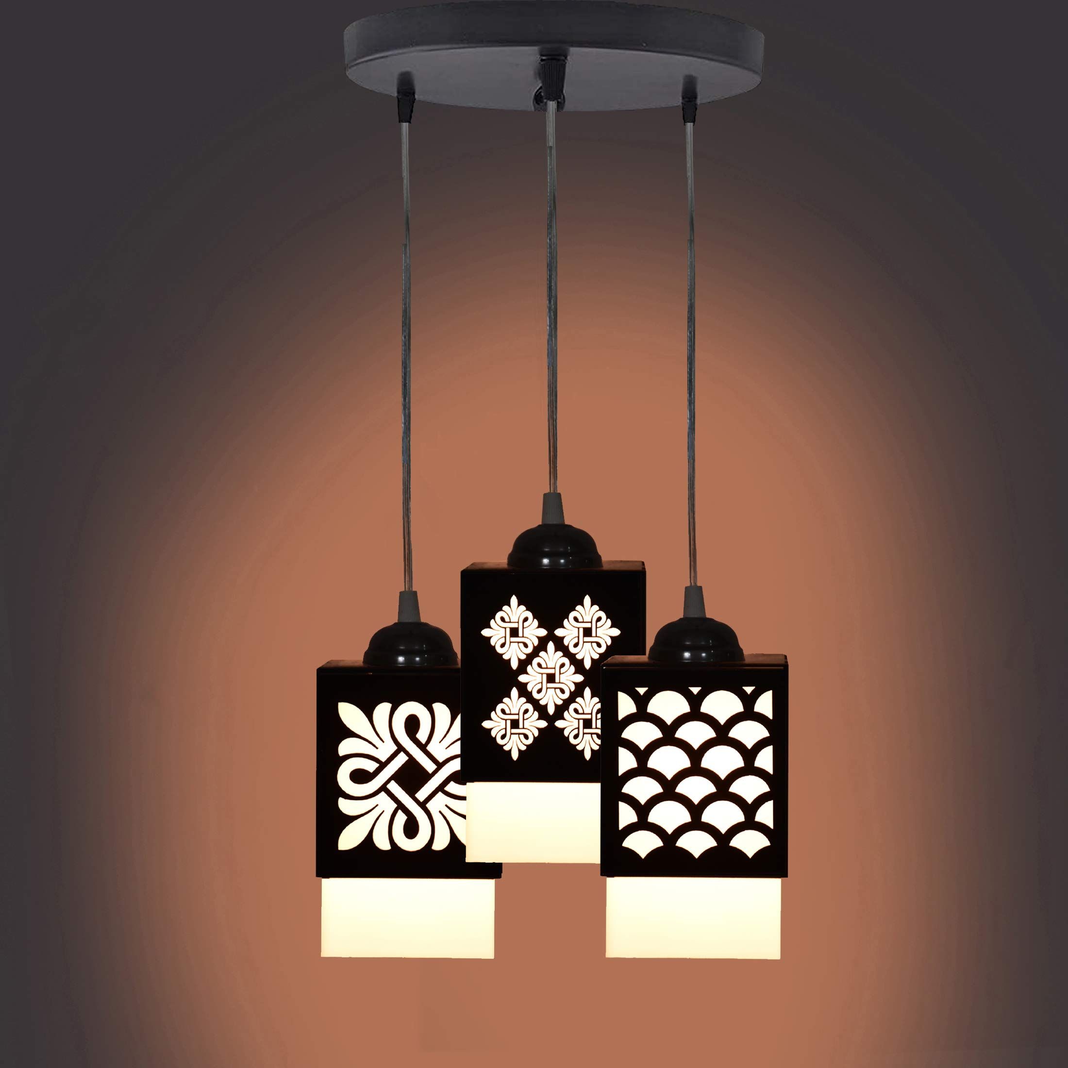 Gojeeva Black & White Textured Wooden Square Shaped Ceiling Lamp