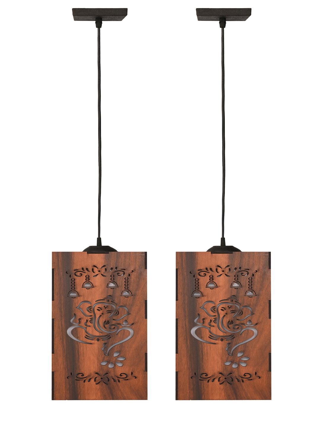 Gojeeva Brown and White 2 Pcs Ganesh Wooden 10 Watts Rectangular Traditional Ceiling Lamp
