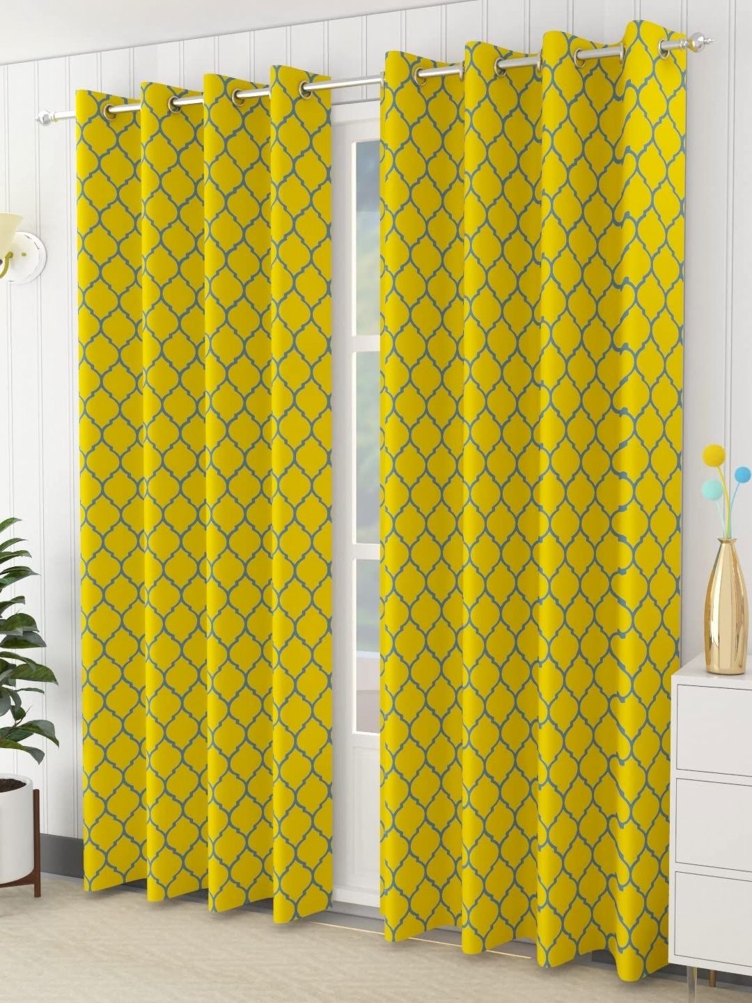 Trance Home Linen Mustard & White 2 Pieces Geometric Printed Cotton Door Curtain