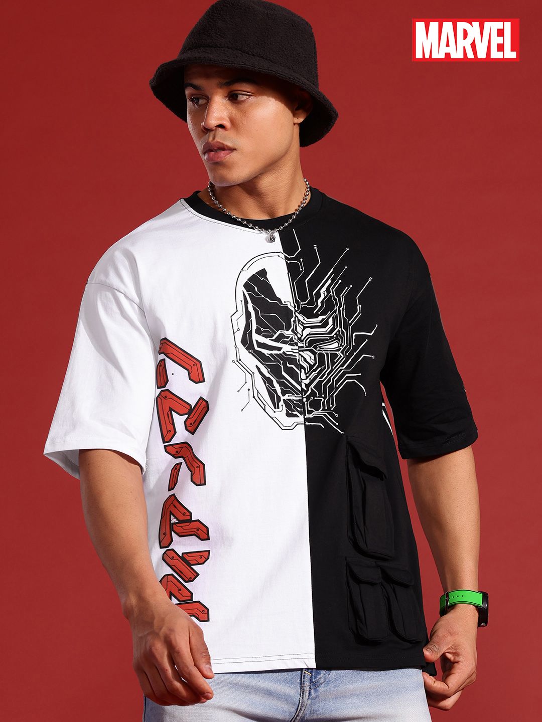 MARVEL STREET Cyber Punk Colourblocked Iron Man Print Cotton Cargo Pocket T-shirt