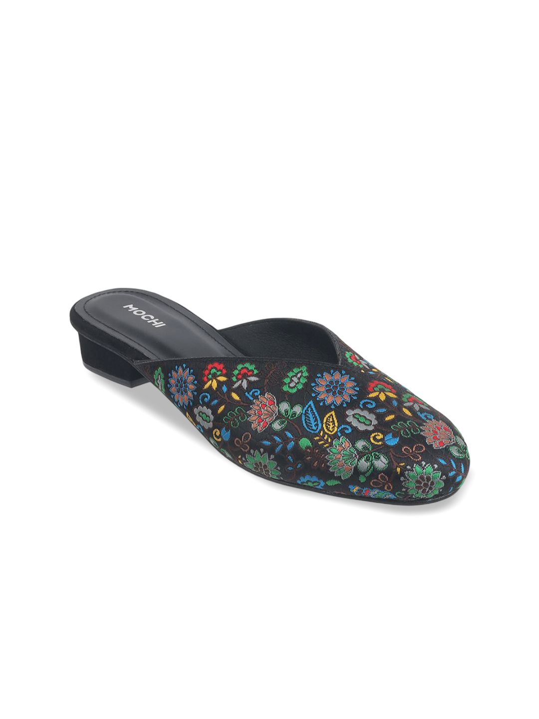 Mochi Mochi Womens Black Emboridered Ethnic Printed Block Heel Mules