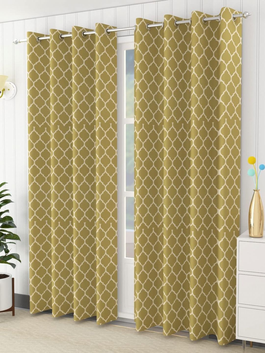 Trance Home Linen Green & White 2 Pieces Geometric Printed Cotton Long Door Curtain