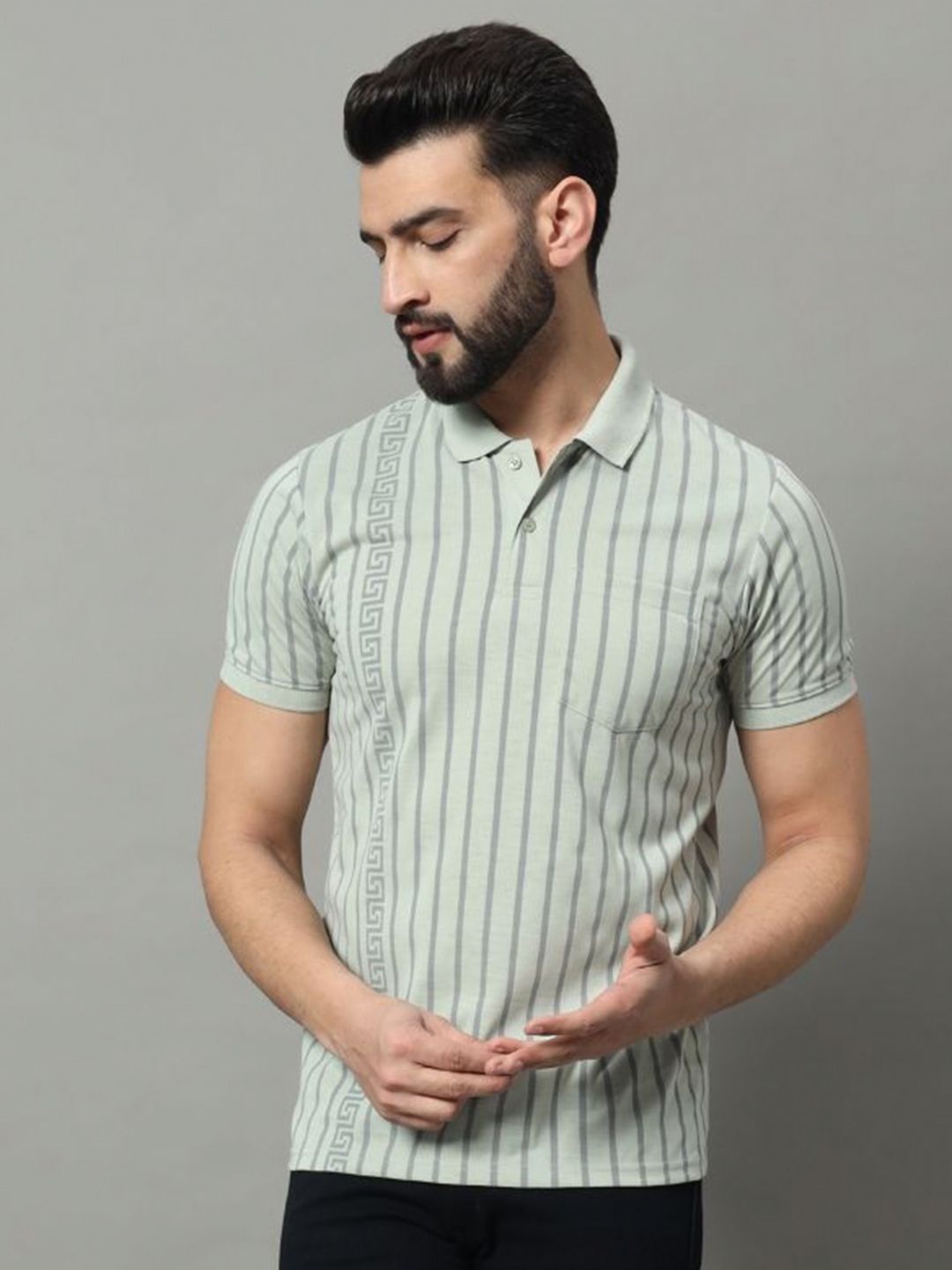 OGEN Men Striped Polo Collar Pockets T-shirt