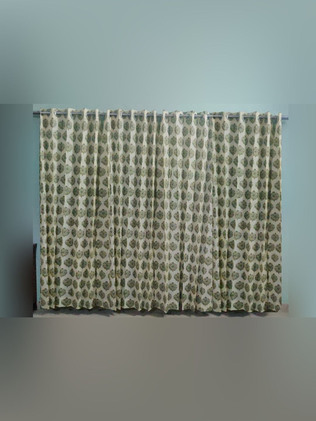 Trance Home Linen Green & White 4 Pieces Floral Printed Cotton Long Door Curtains