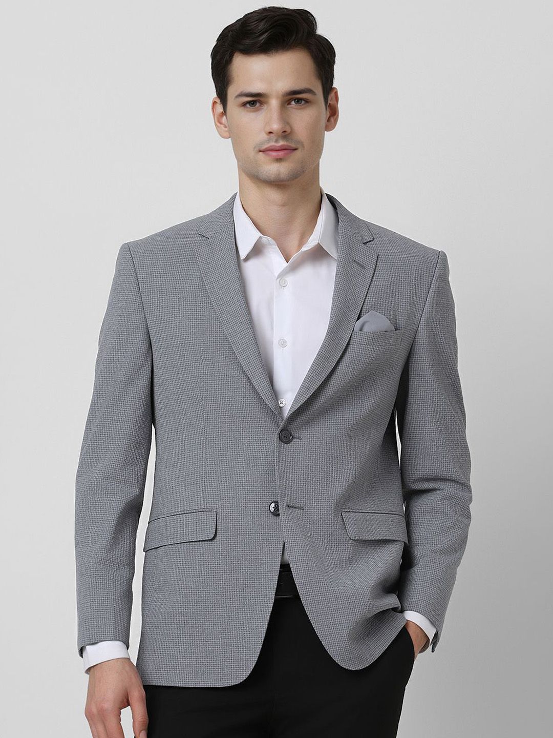Peter England Elite Textured Slim Fit Notched Collar Single Breasted Formal Blazer