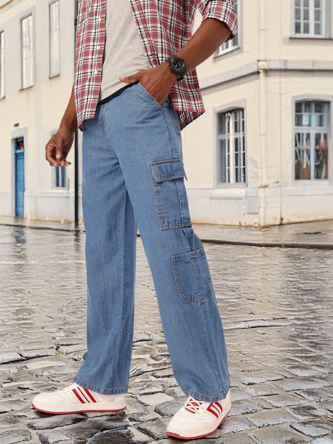 Kook N Keech Men Utility Edit Baggy Wide Leg Cargo Jeans deal from myntra