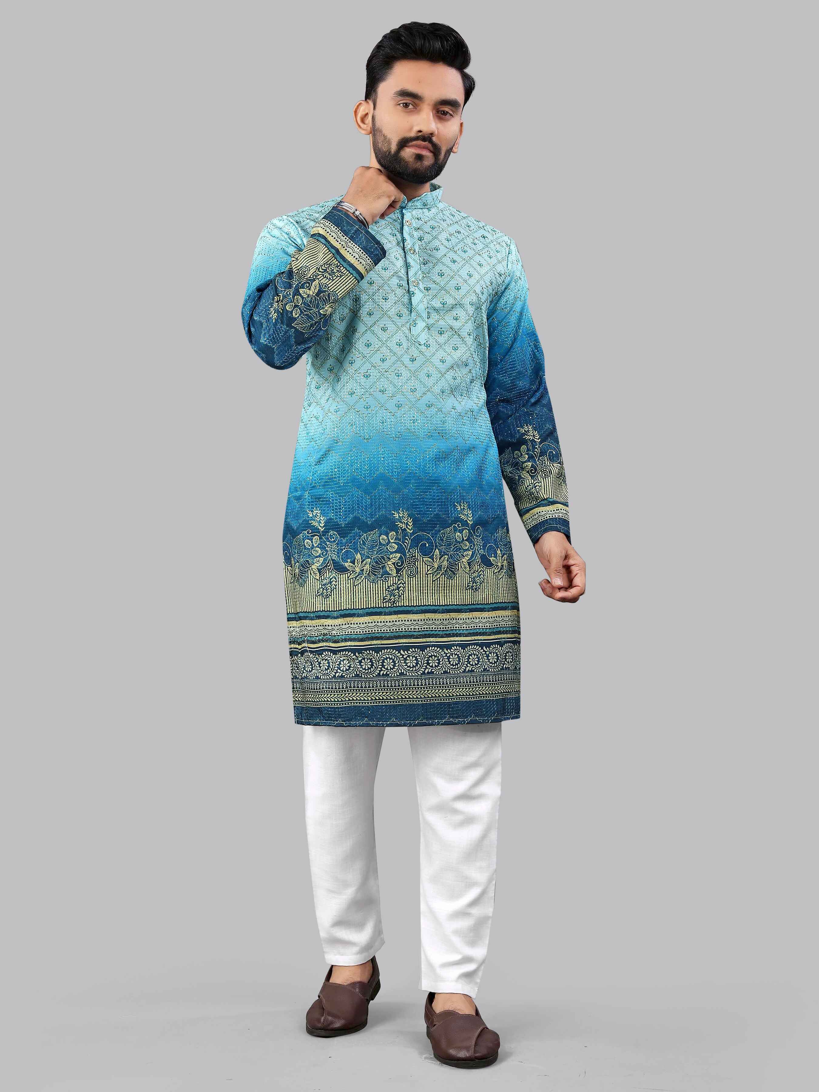 LADY BERRY Floral Printed Band Collar Sequinned Straight Kurta