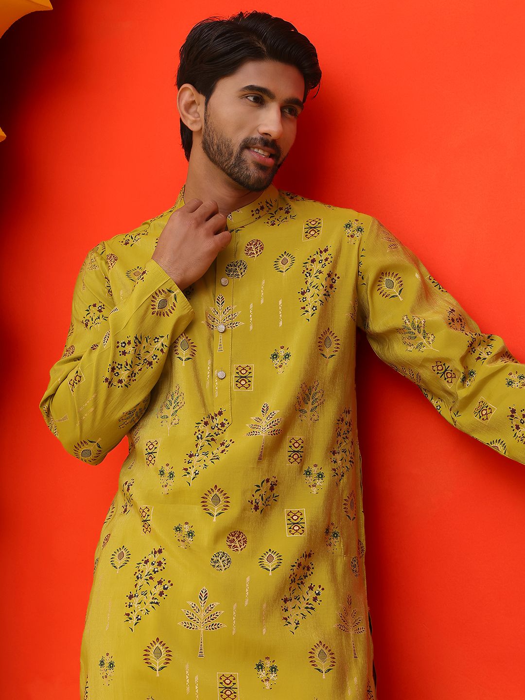 Jompers Floral Printed Mandarin Collar Silk Cotton Straight Kurta