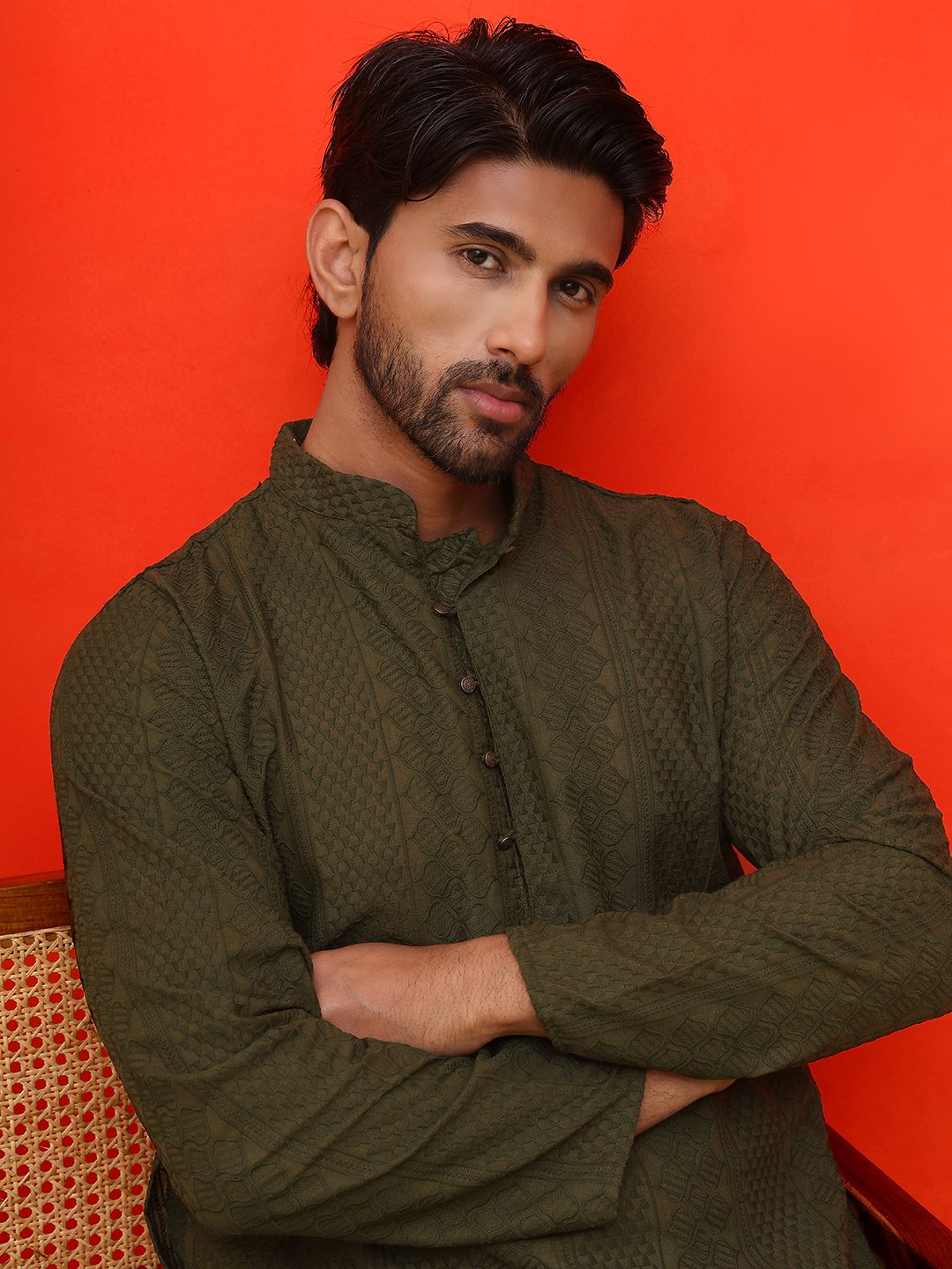Jompers Geometric Embroidered Mandarin Collar Chikankari Pure Cotton Straight Kurta