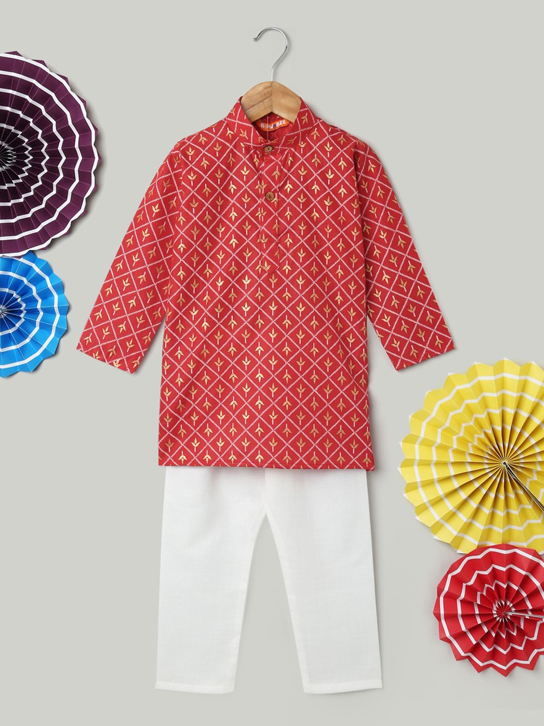 BownBee Boys Floral Printed Band Collar Pure Cotton Straight Kurta With Trousers