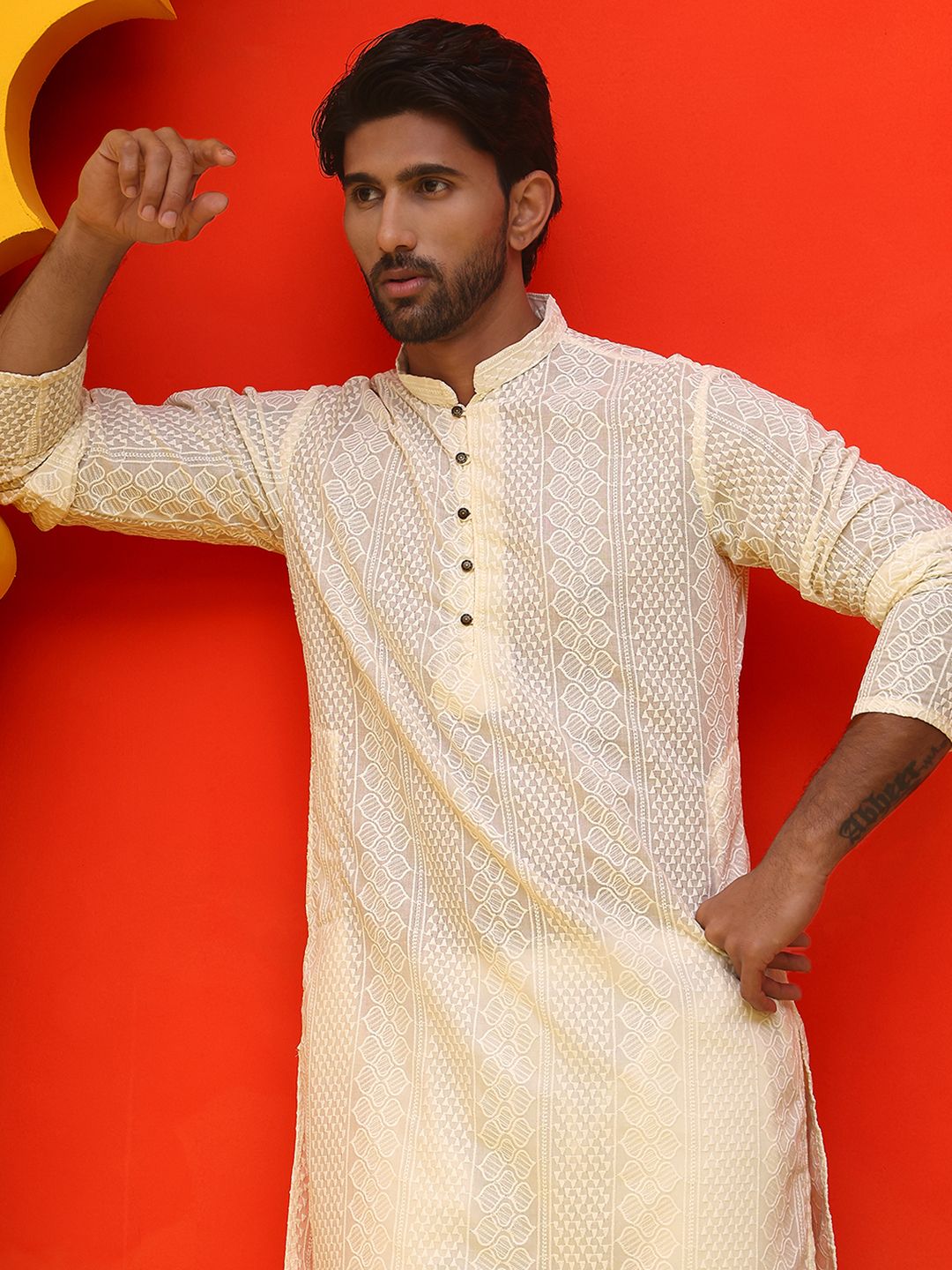 Jompers Geometric Embroidered Mandarin Collar Chikankari Pure Cotton Straight Kurta
