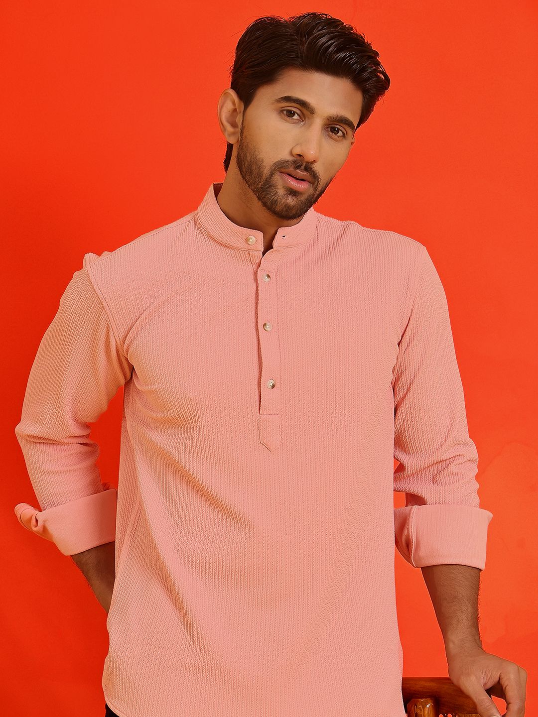 Jompers Striped Band Collar Long Roll-Up Sleeves Straight Kurta