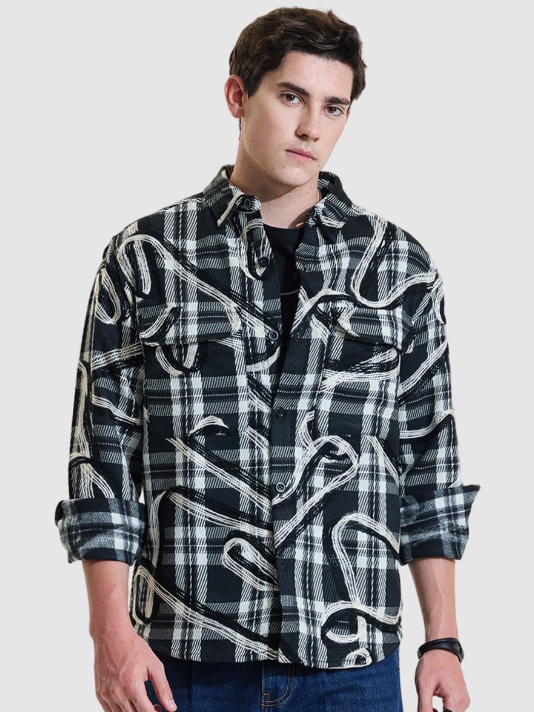 Snitch Black Checks Relaxed Fit Overshirt