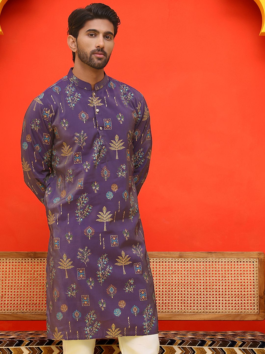 Jompers Floral Printed Mandarin Collar Silk Cotton Straight Kurta