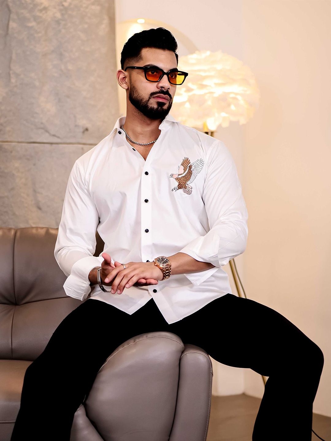 Foomer Men Satin Cotton Standard Opaque Spread Collar Casual Shirt