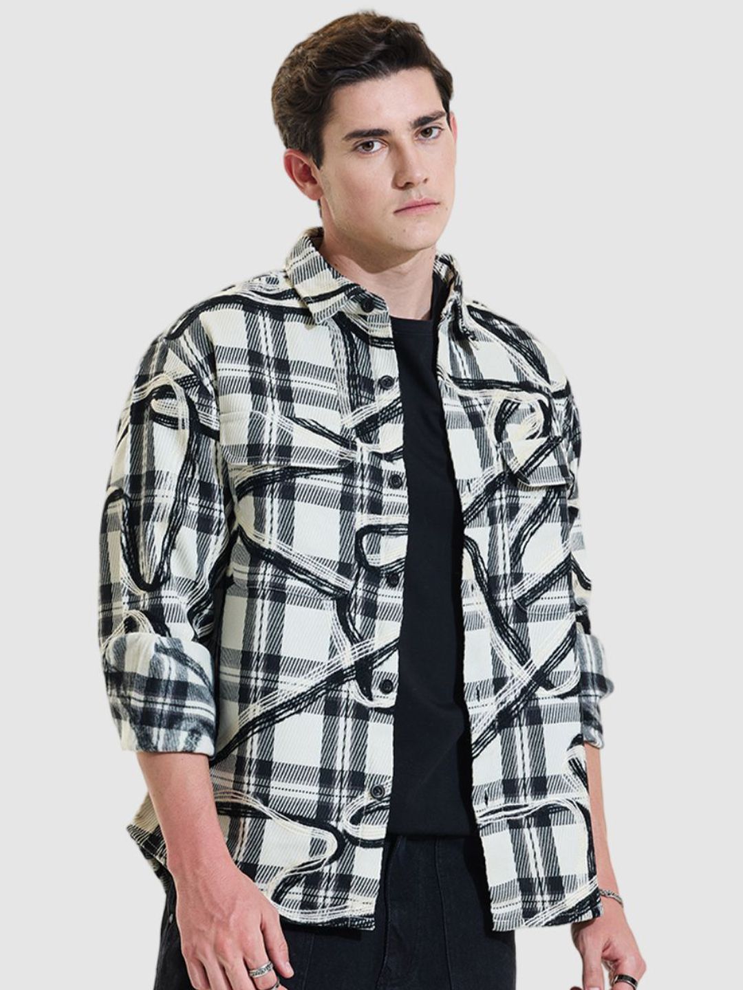 Snitch White Checks Relaxed Fit Overshirt