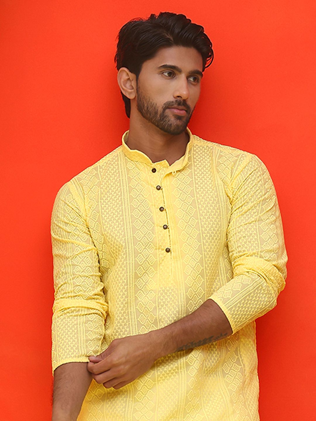 Jompers Geometric Embroidered Mandarin Collar Chikankari Pure Cotton Straight Kurta