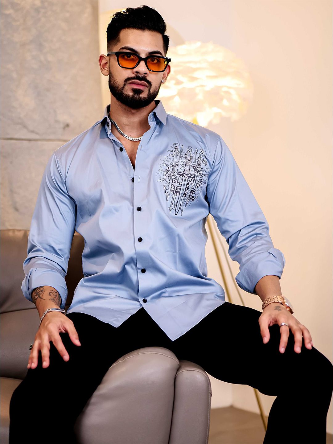 Foomer Men Standard Satin Cotton Opaque Spread Collar Casual Shirt