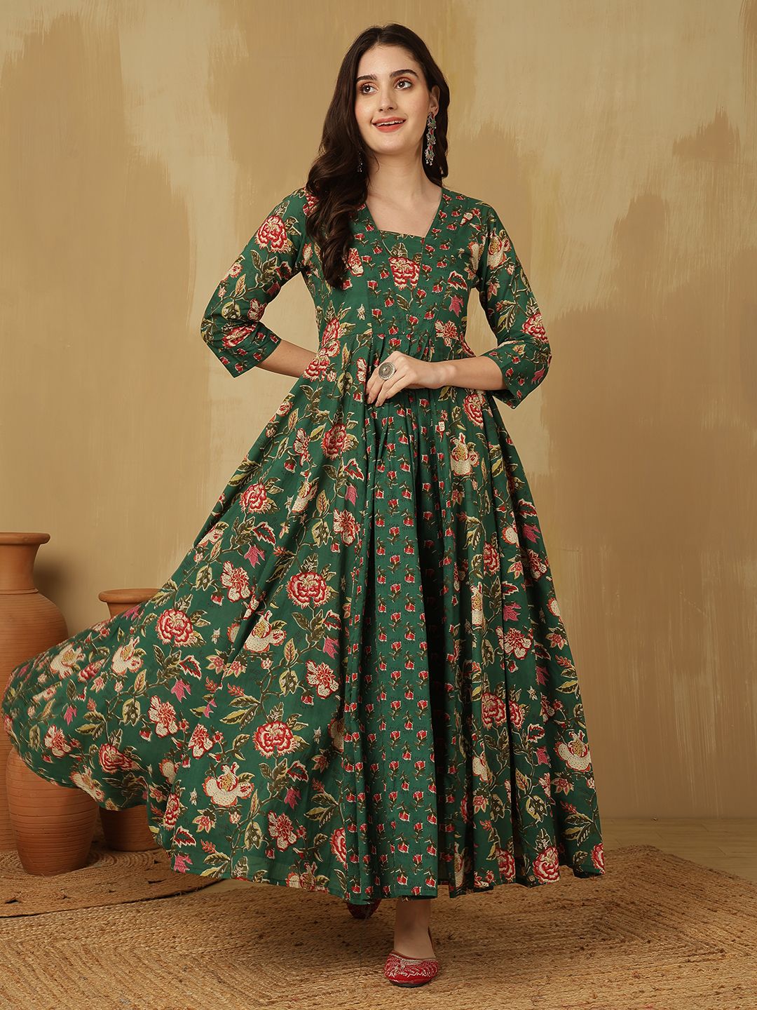 knee length dresses for ladies Maroon Pure Cotton Ajrakh Print Anarkali Suit Set with Crape main image 0
