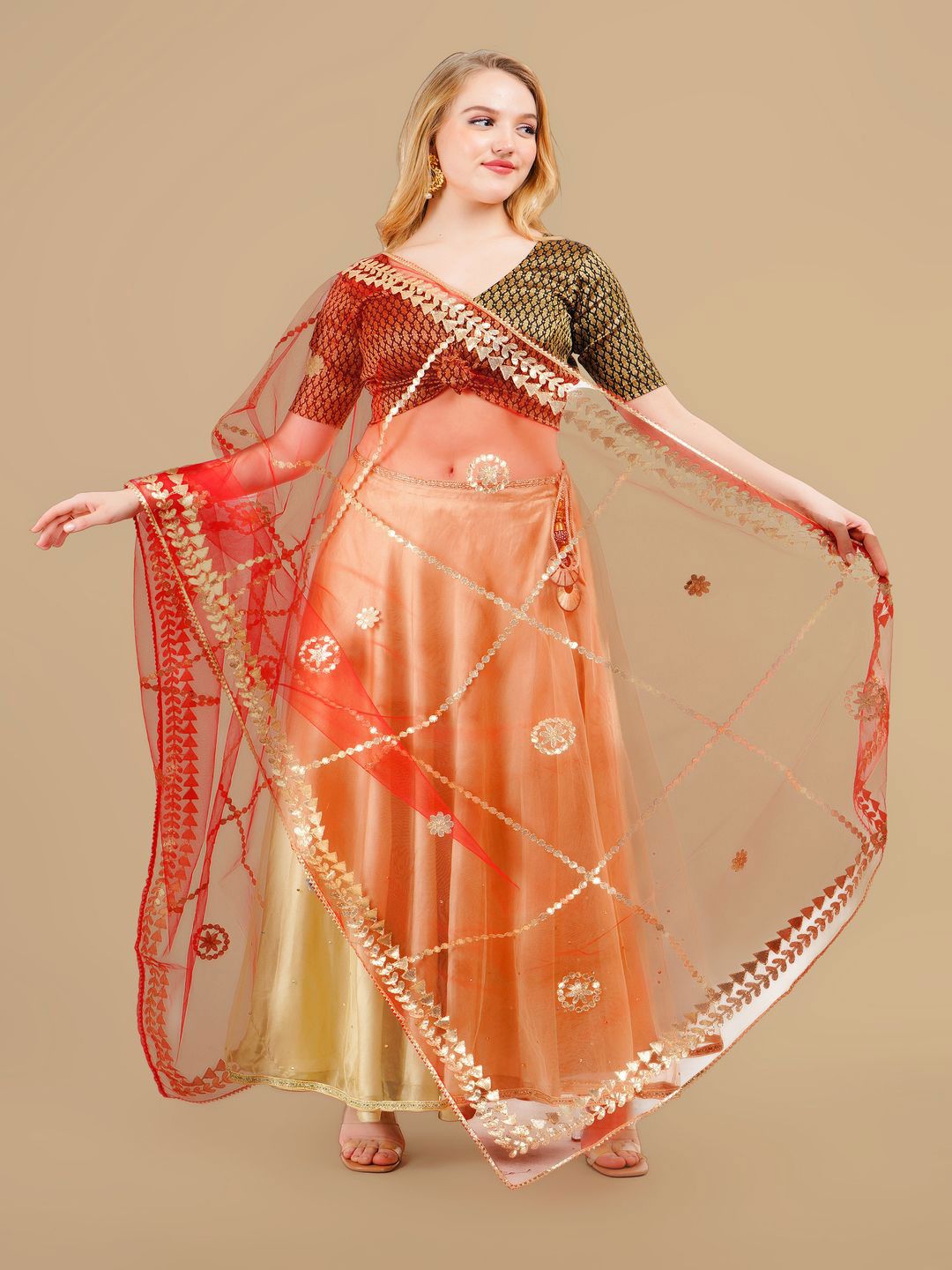 Karthav Fashion Floral Embroidered Gotta Patti Net Dupatta