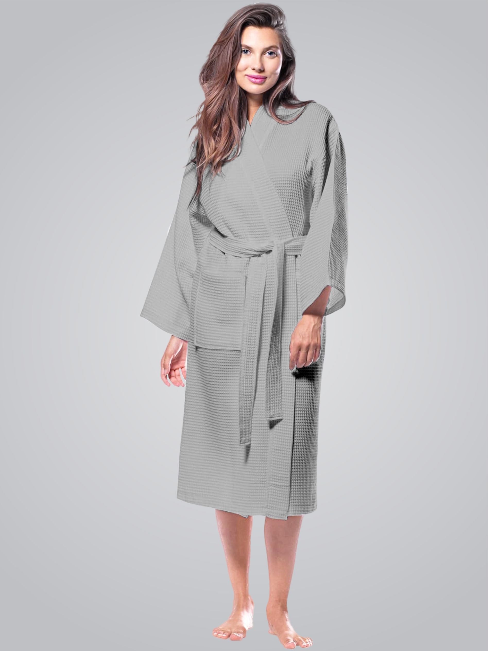 Enchant Home Grey Self Design Cotton Drawstring Midi Bath Robe
