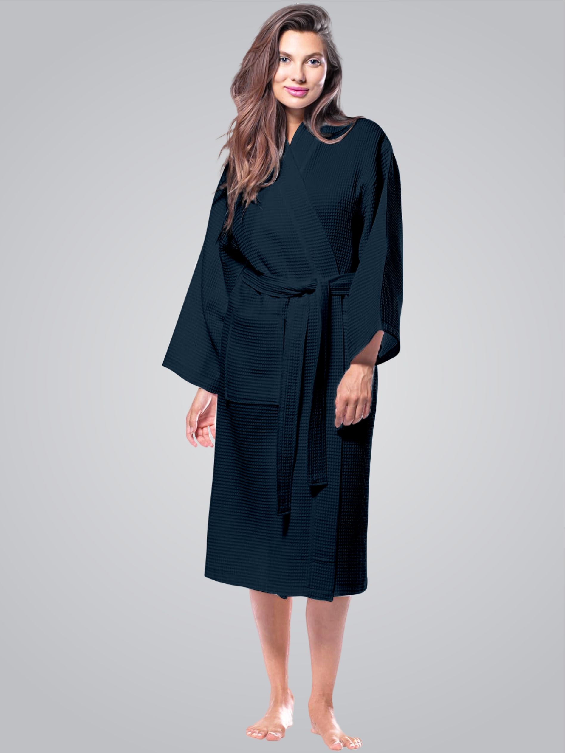 Enchant Home Navy Blue Self Design Cotton Drawstring Midi Bath Robe