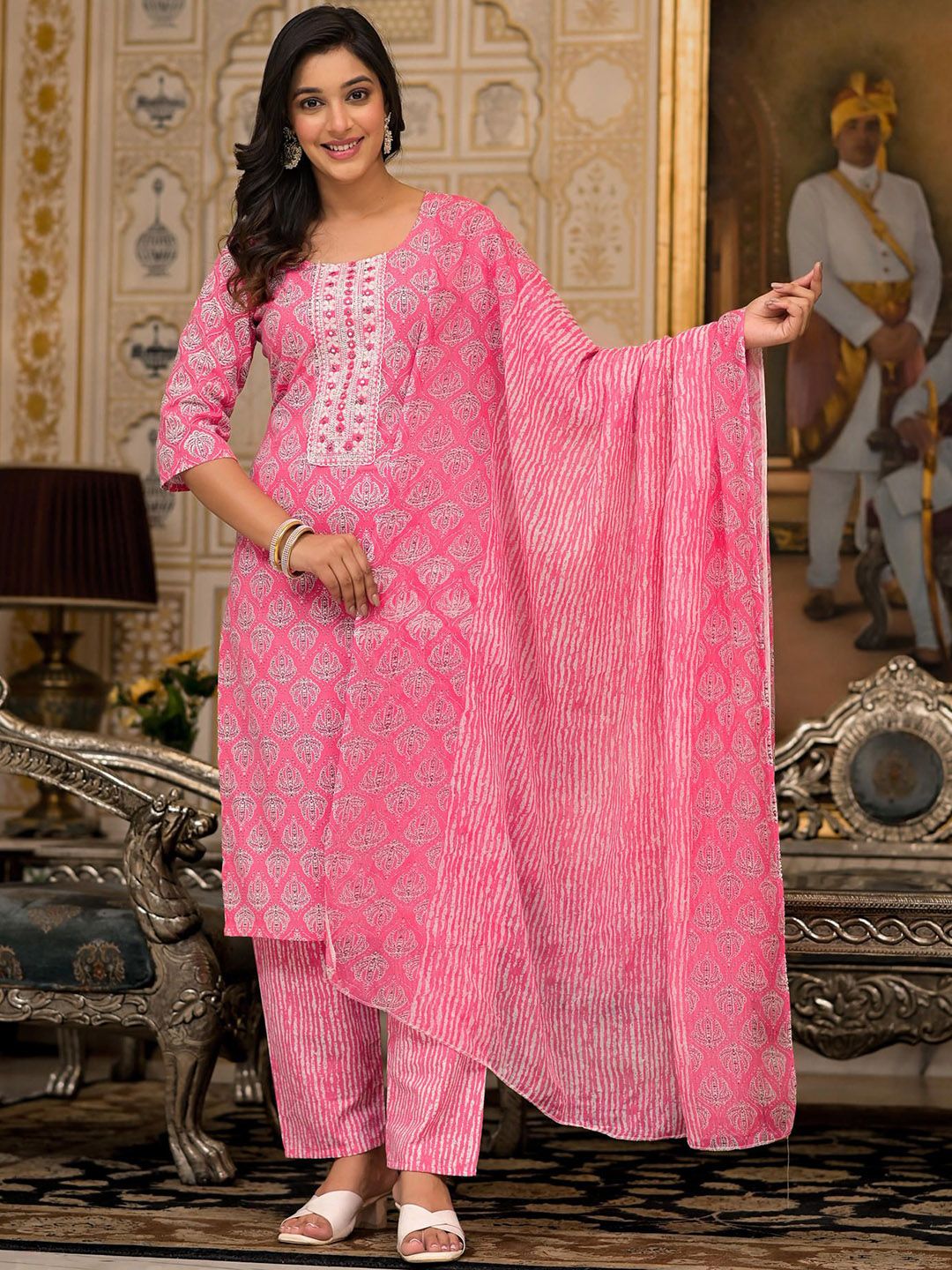 Juniper Women Floral Printed Regular Thread Work Pure Cotton Kurta with Trousers & With Dupatta