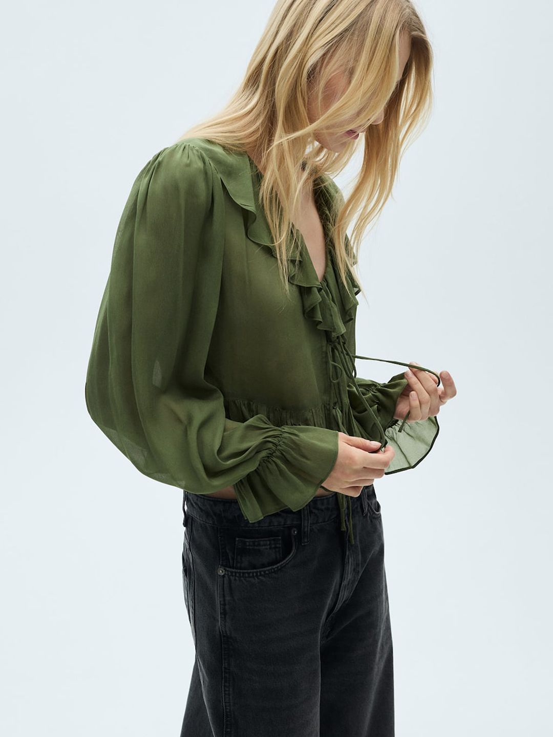 Ruffled Detail Bell Sleeves Semi-Sheer Peplum Crop Top with Tie-Ups