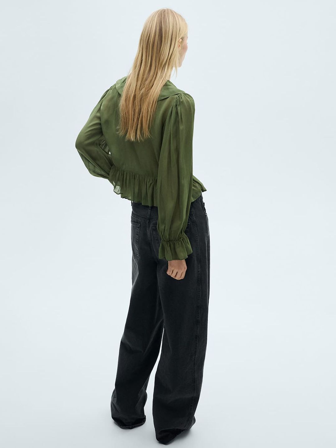 Ruffled Detail Bell Sleeves Semi-Sheer Peplum Crop Top with Tie-Ups