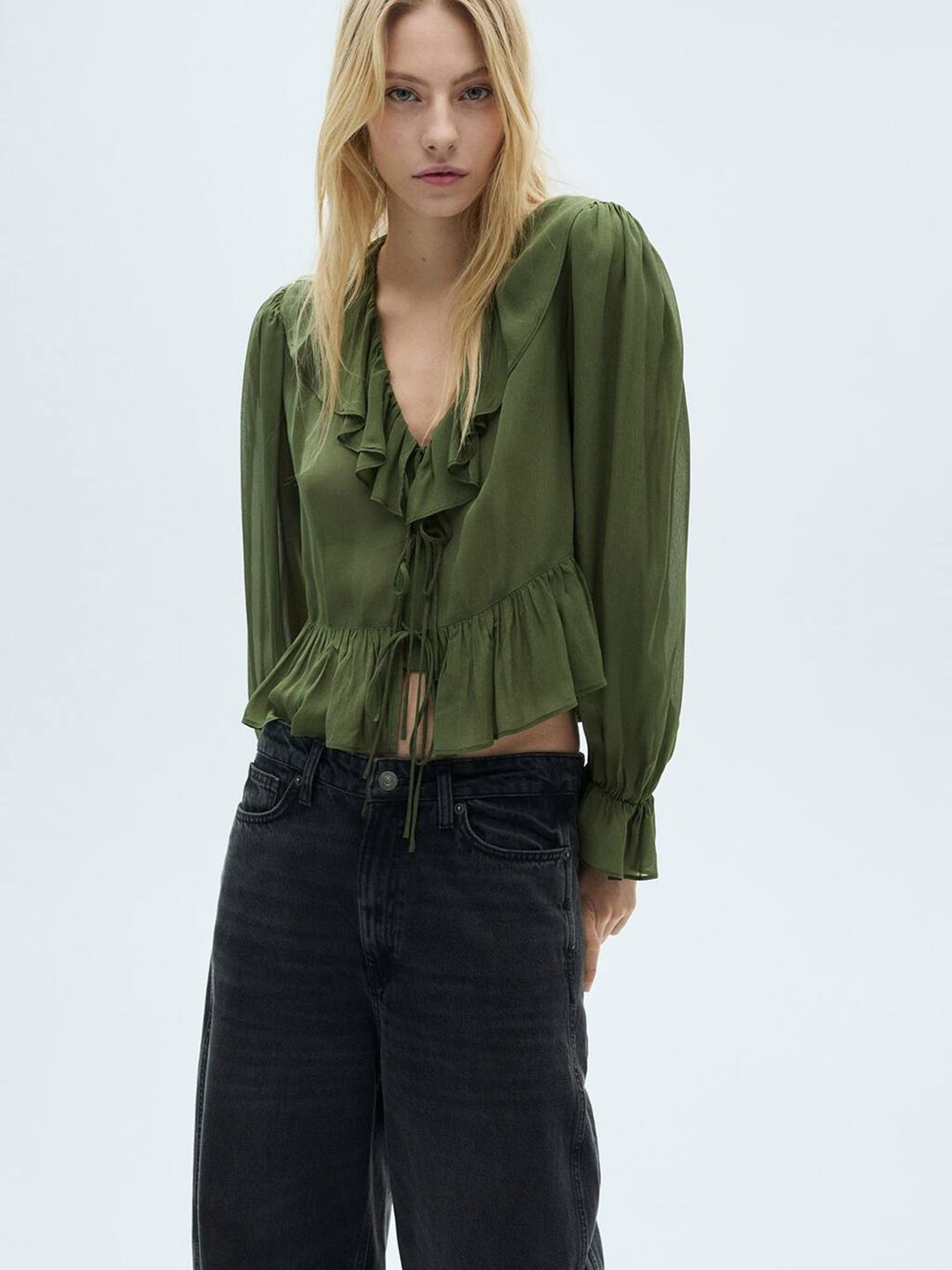 Ruffled Detail Bell Sleeves Semi-Sheer Peplum Crop Top with Tie-Ups