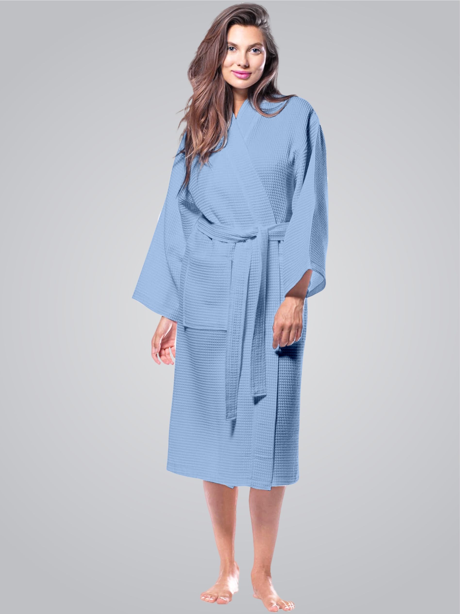 Enchant Home Blue Self Design Cotton Drawstring Midi Bath Robe
