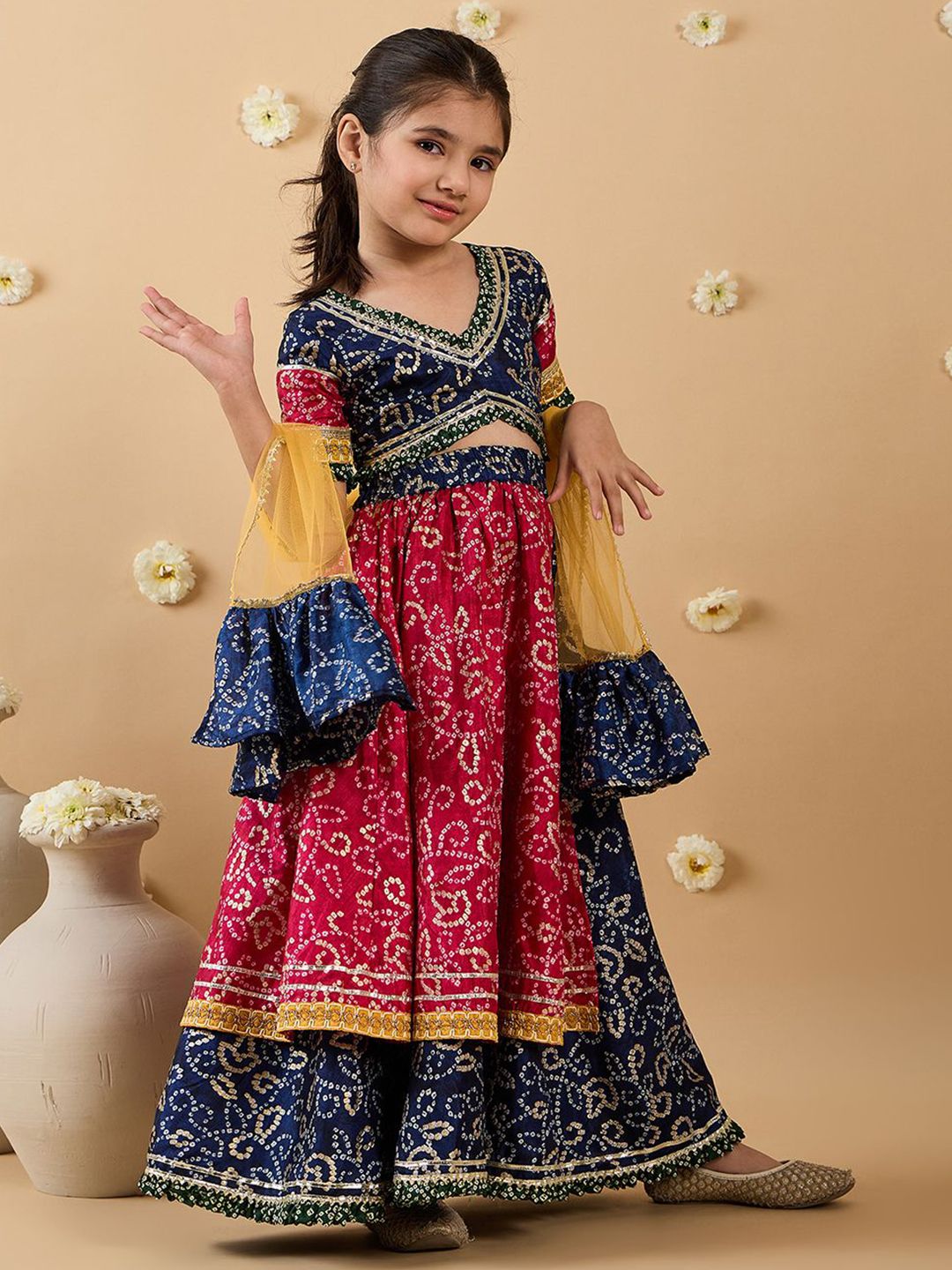 Pspeaches Girls Navy And Magenta Silk Lehenga Choli Dupatta Set