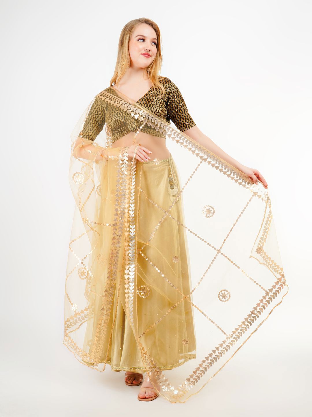 Karthav Fashion Floral Embroidered Gotta Patti Net Dupatta