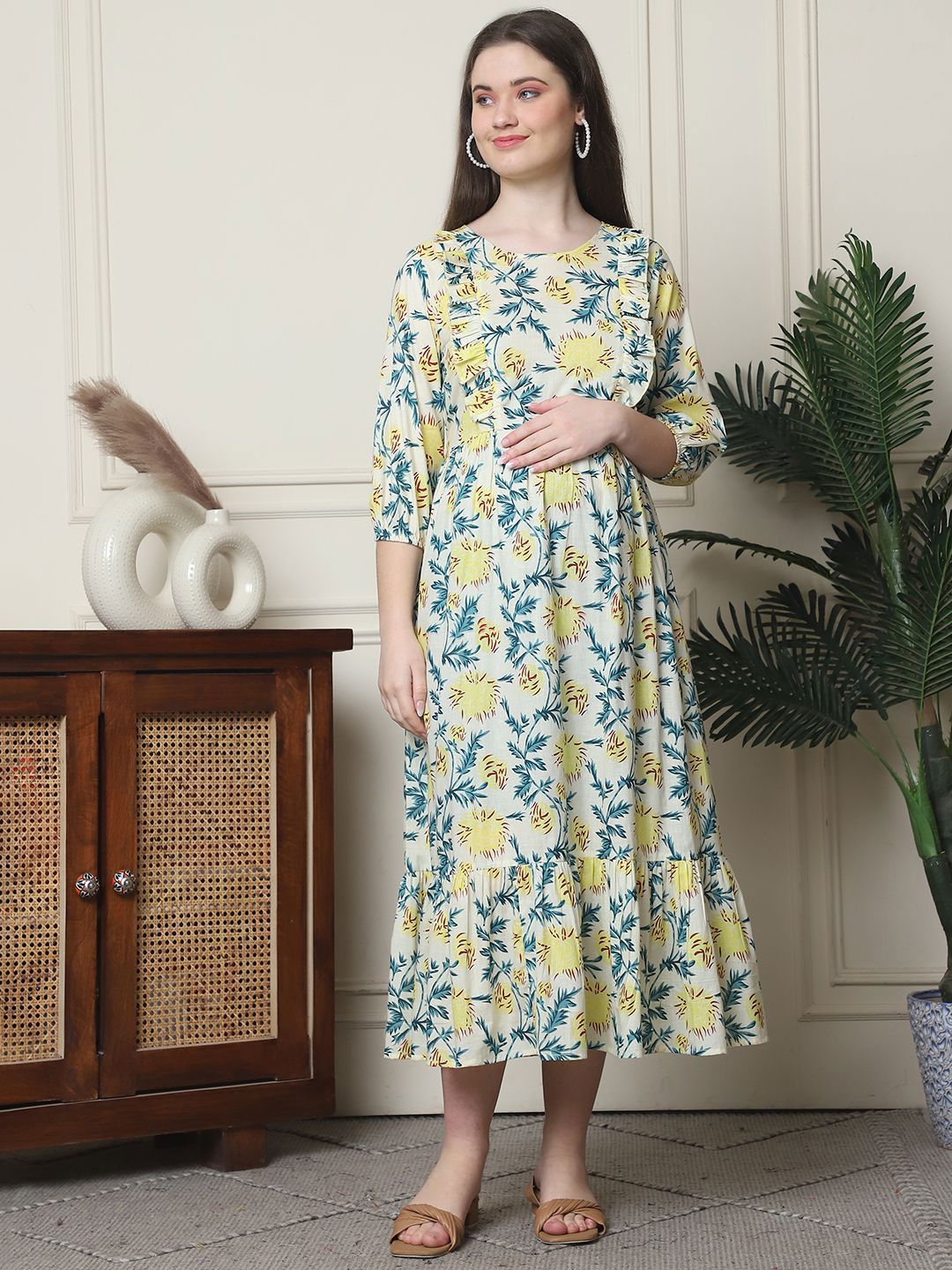 Frempy Floral Print Organic Cotton Maternity Maxi Dress