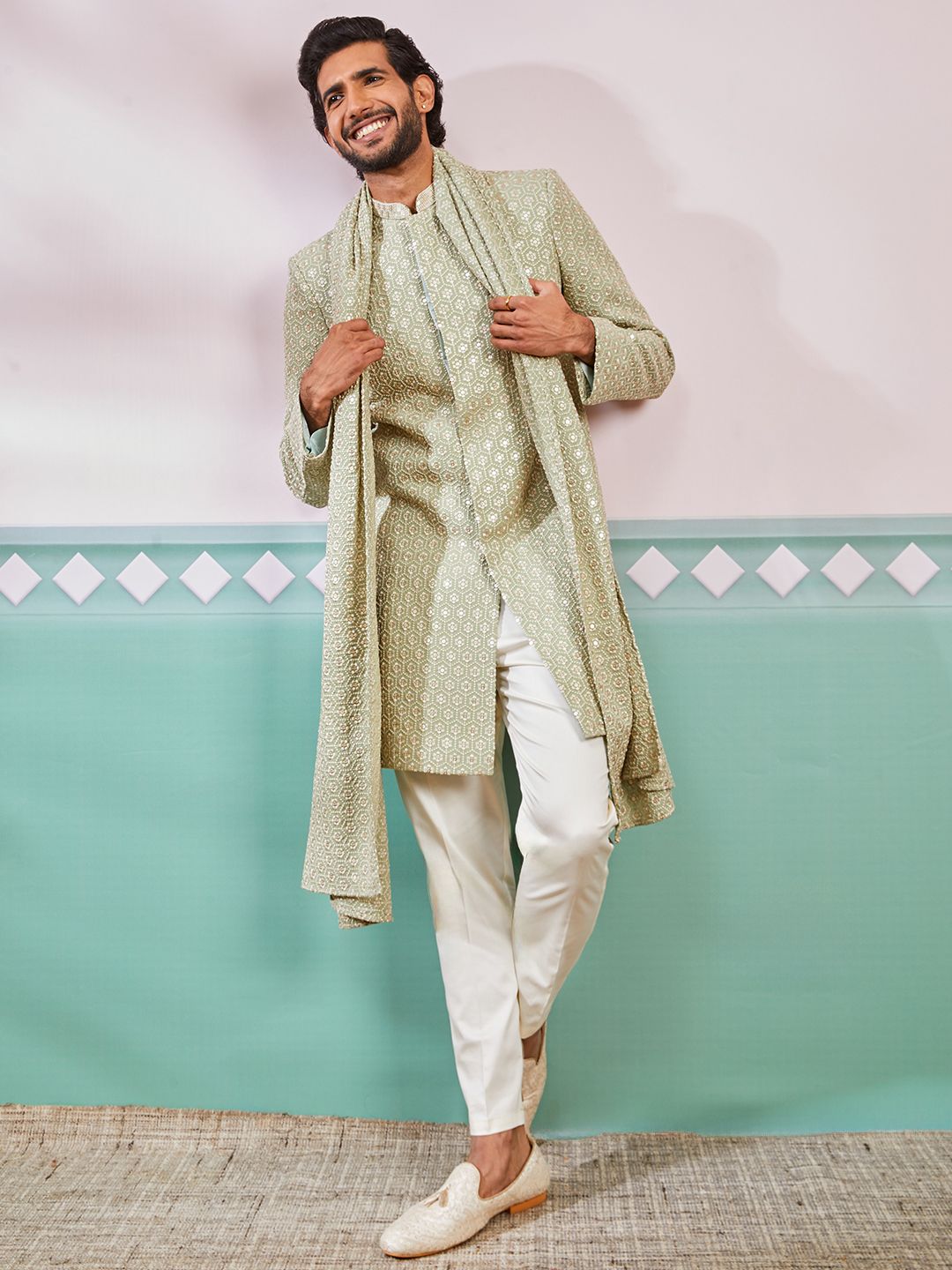 VASTRAMAY Embroidered Sherwani & Trouser With Dupatta Set